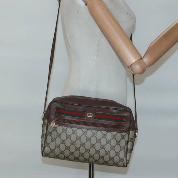 GUCCI GG Supreme Web Sherry Line Bag PVC Beige Gold Red 56 02 088 Auth BA2392 - Picture 3 of 16